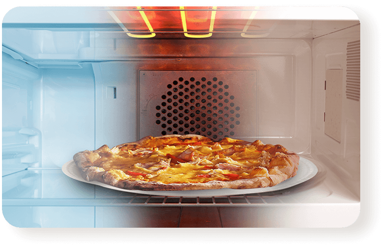 Pizza on a paper tray in the oven